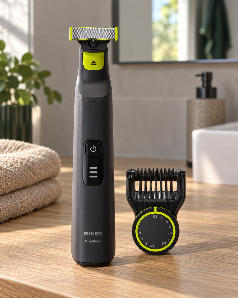 Philips OneBlade Pro Rosto QP6532/10 sobre a bancada do banheiro