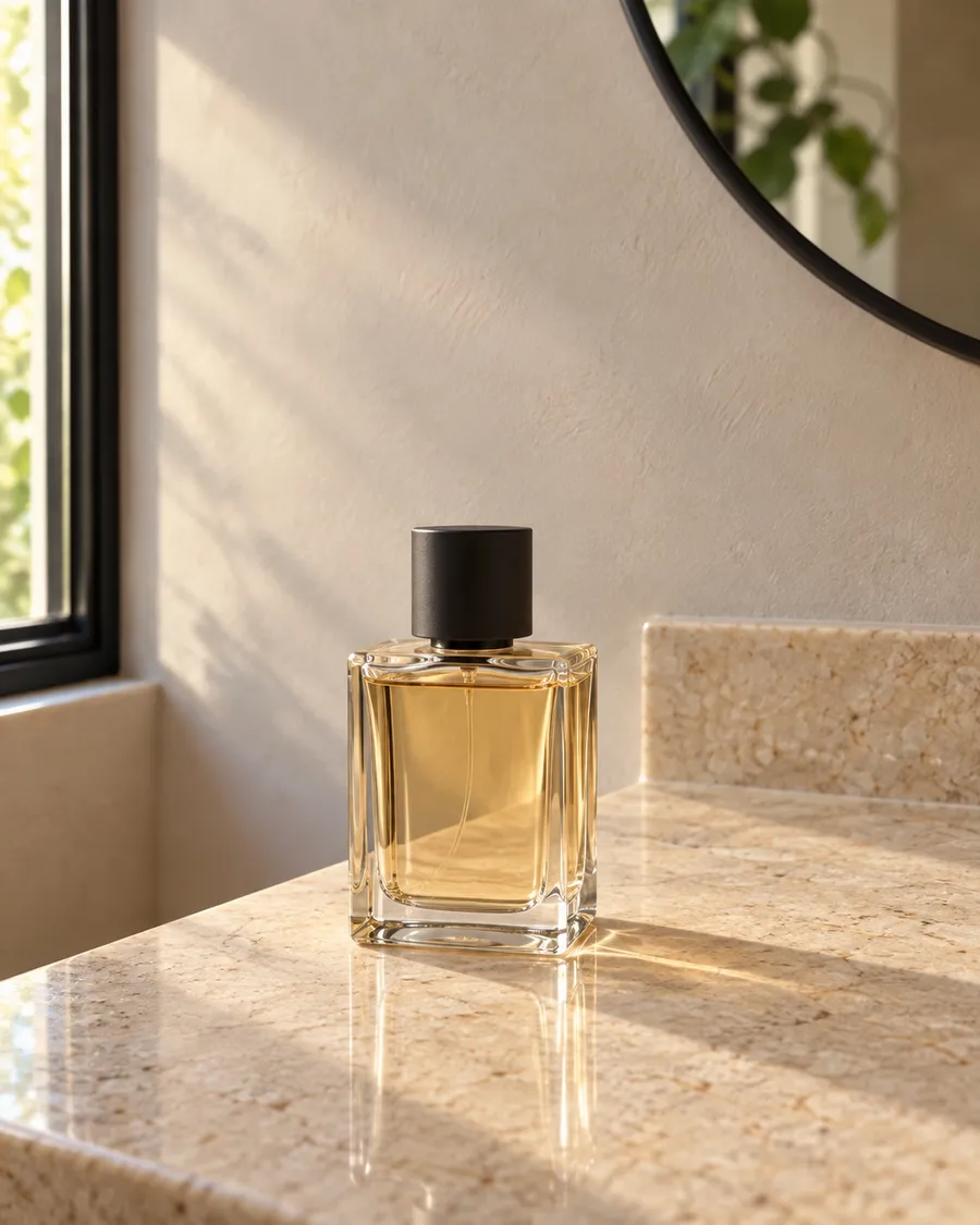 Frasco de perfume sem rótulo na bancada, contra a luz da janela